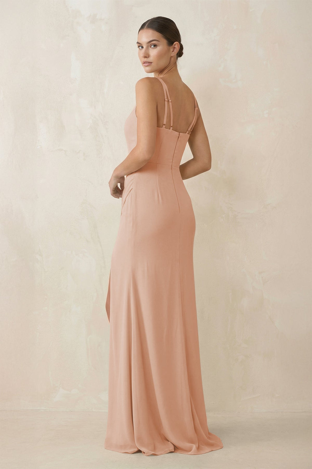 Cami Strap Chiffon Sheath Bridesmaid Gown in Champagne Rose