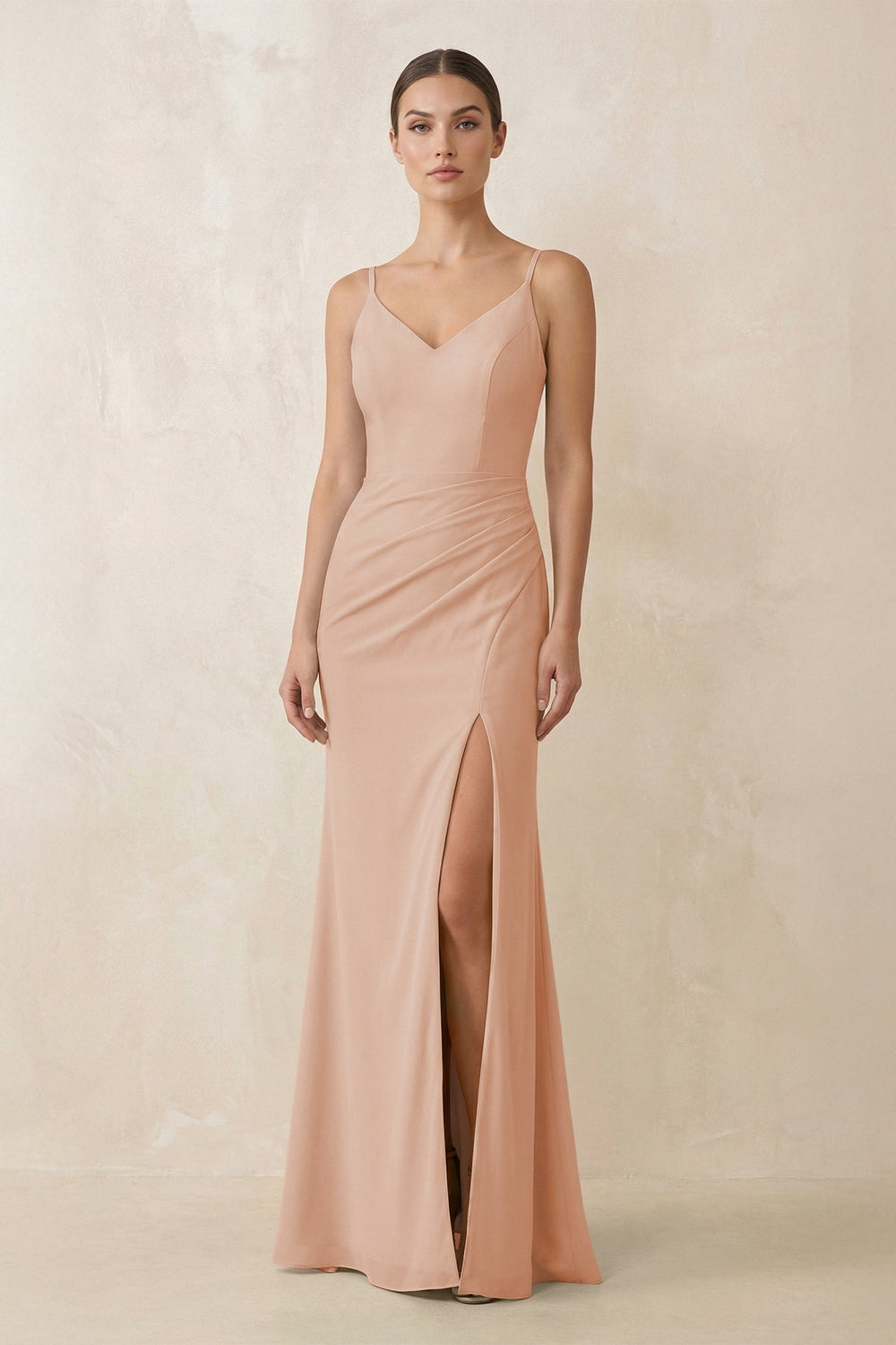 Cami Strap Chiffon Sheath Bridesmaid Gown in Champagne Rose