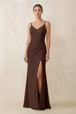 Cami Strap Chiffon Sheath Bridesmaid Gown in Espresso - KISS BRIDAL Bridesmaid Dresses