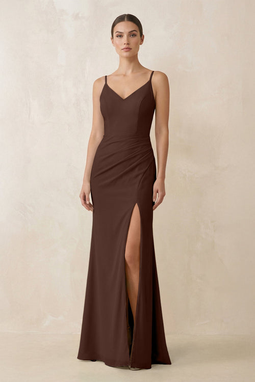 Cami Strap Chiffon Sheath Bridesmaid Gown in Espresso - KISS BRIDAL Bridesmaid Dresses