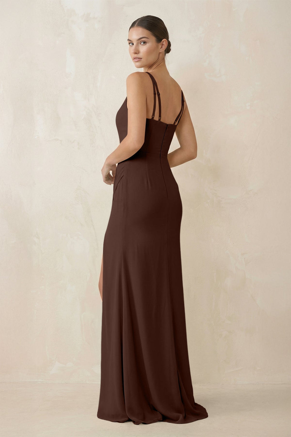 Cami Strap Chiffon Sheath Bridesmaid Gown in Espresso