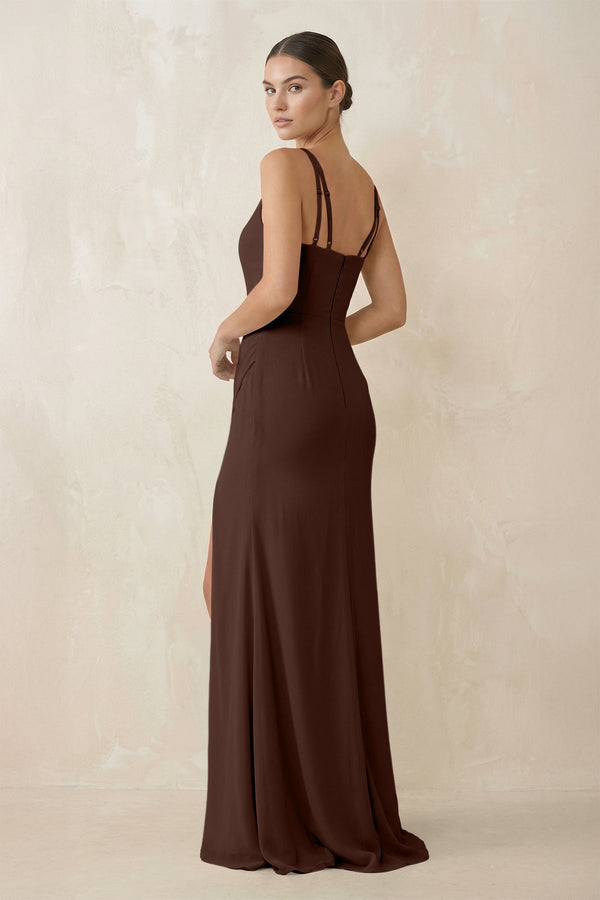 Cami Strap Chiffon Sheath Bridesmaid Gown in Espresso - KISS BRIDAL Bridesmaid Dresses