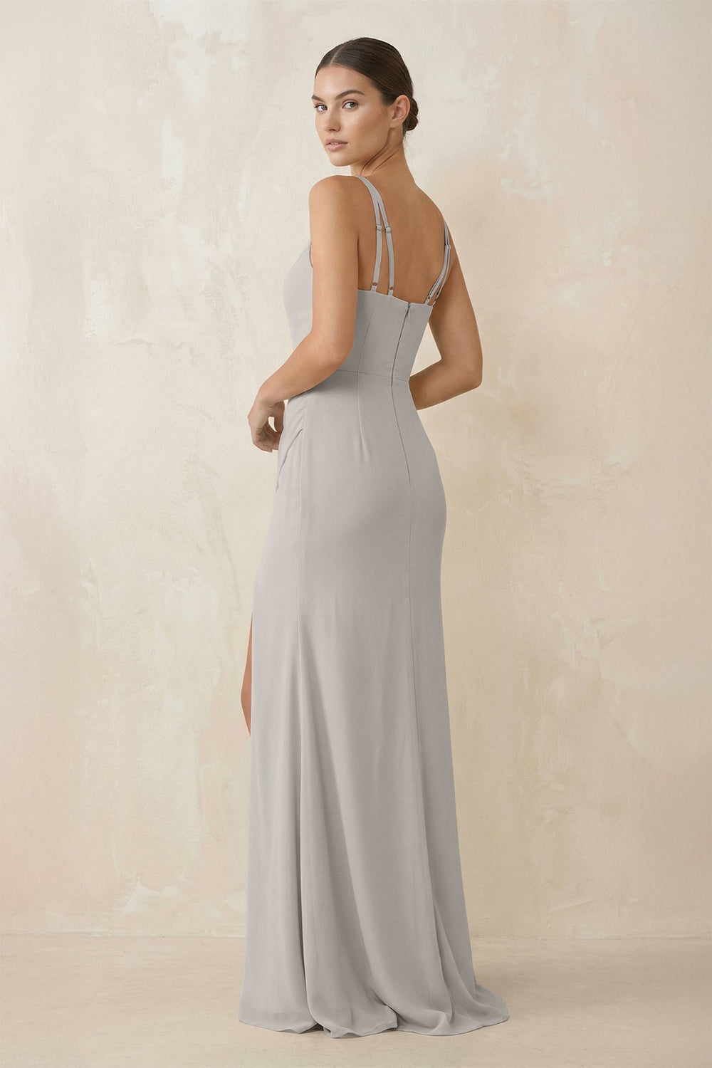 Cami Strap Chiffon Sheath Bridesmaid Gown in Silver