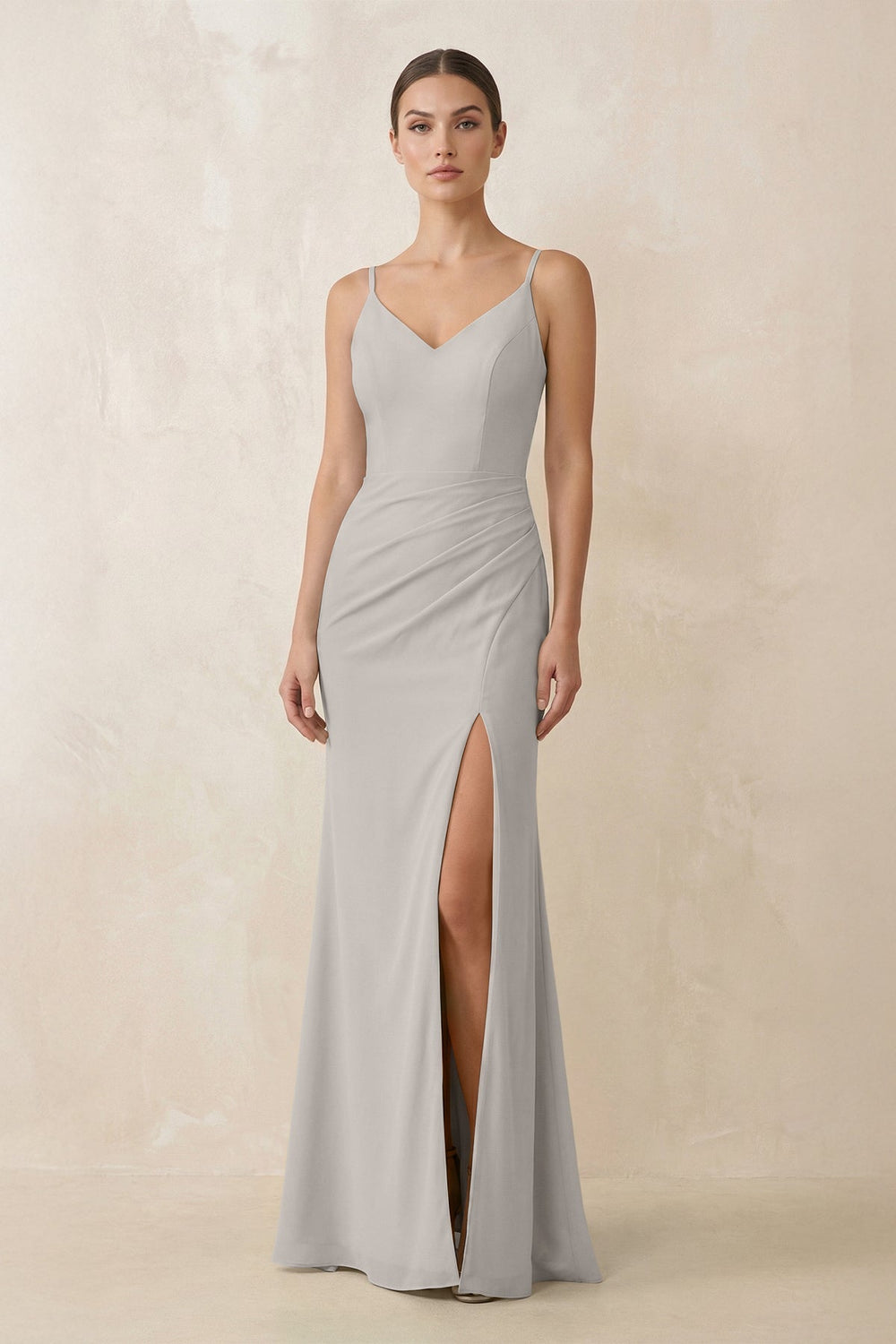 Cami Strap Chiffon Sheath Bridesmaid Gown in Silver