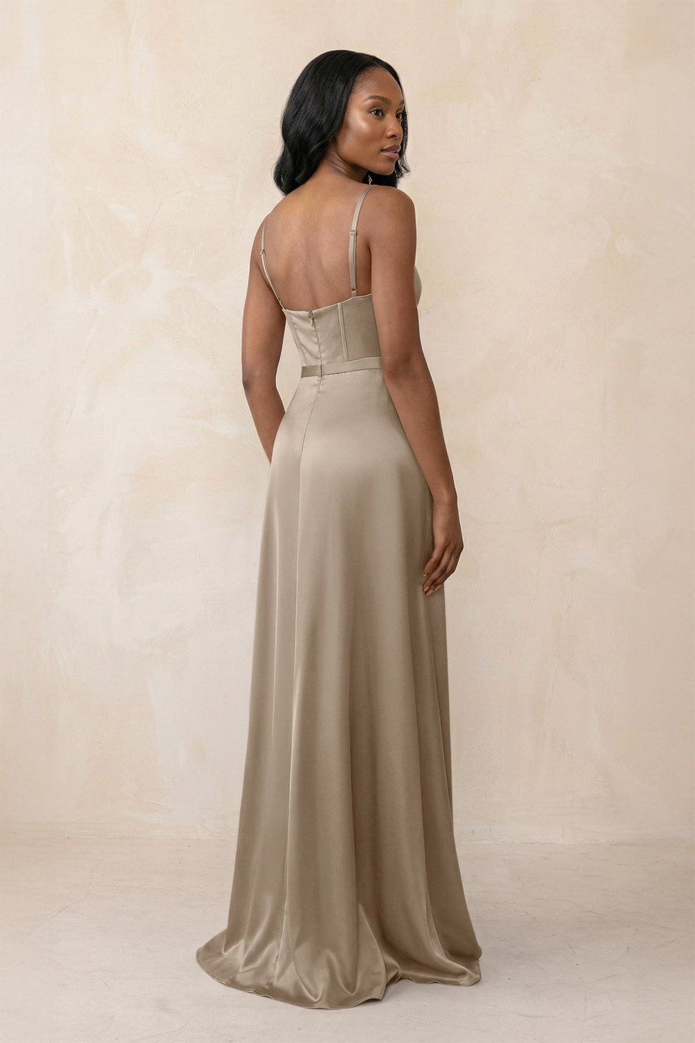 Cami Strap Corset Satin Sheath Bridesmaid Dress in Almond