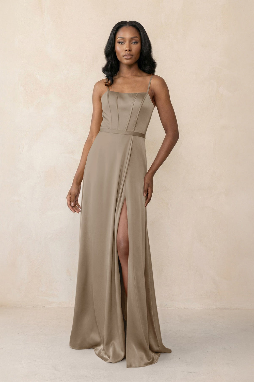 Cami Strap Corset Satin Sheath Bridesmaid Dress in Almond
