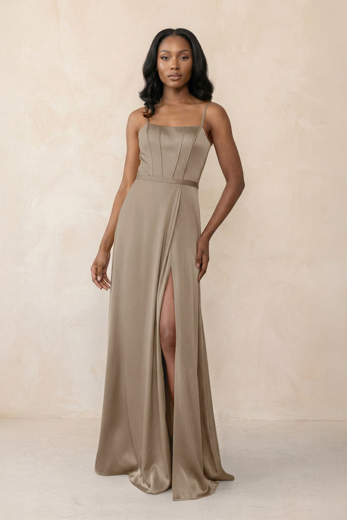 Cami Strap Corset Satin Sheath Bridesmaid Dress in Almond - KISS BRIDAL Bridesmaid Dresses