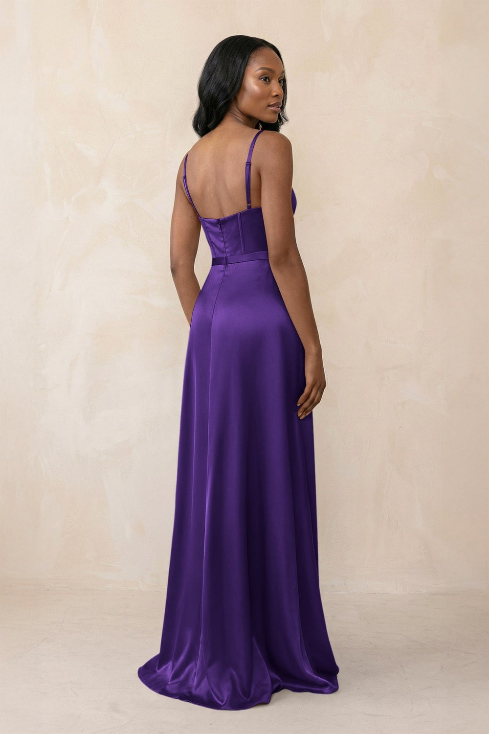 Cami Strap Corset Satin Sheath Bridesmaid Dress in Amethyst