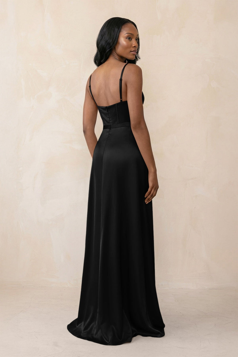 Cami Strap Corset Satin Sheath Bridesmaid Dress in Black