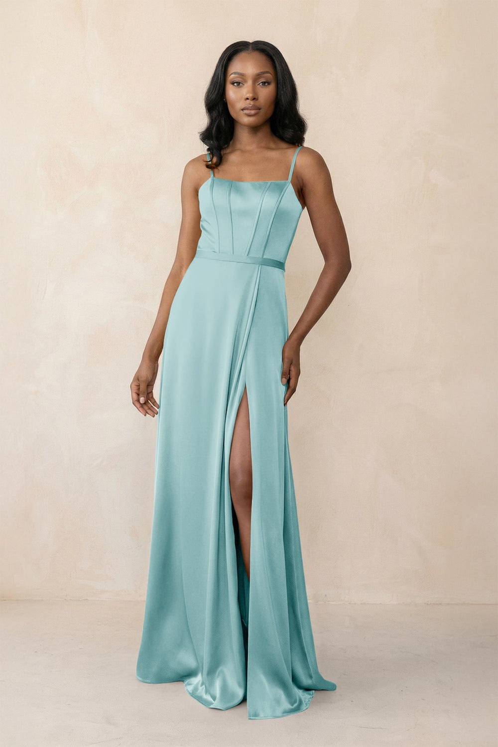 Cami Strap Corset Satin Sheath Bridesmaid Dress in Bleached Aqua