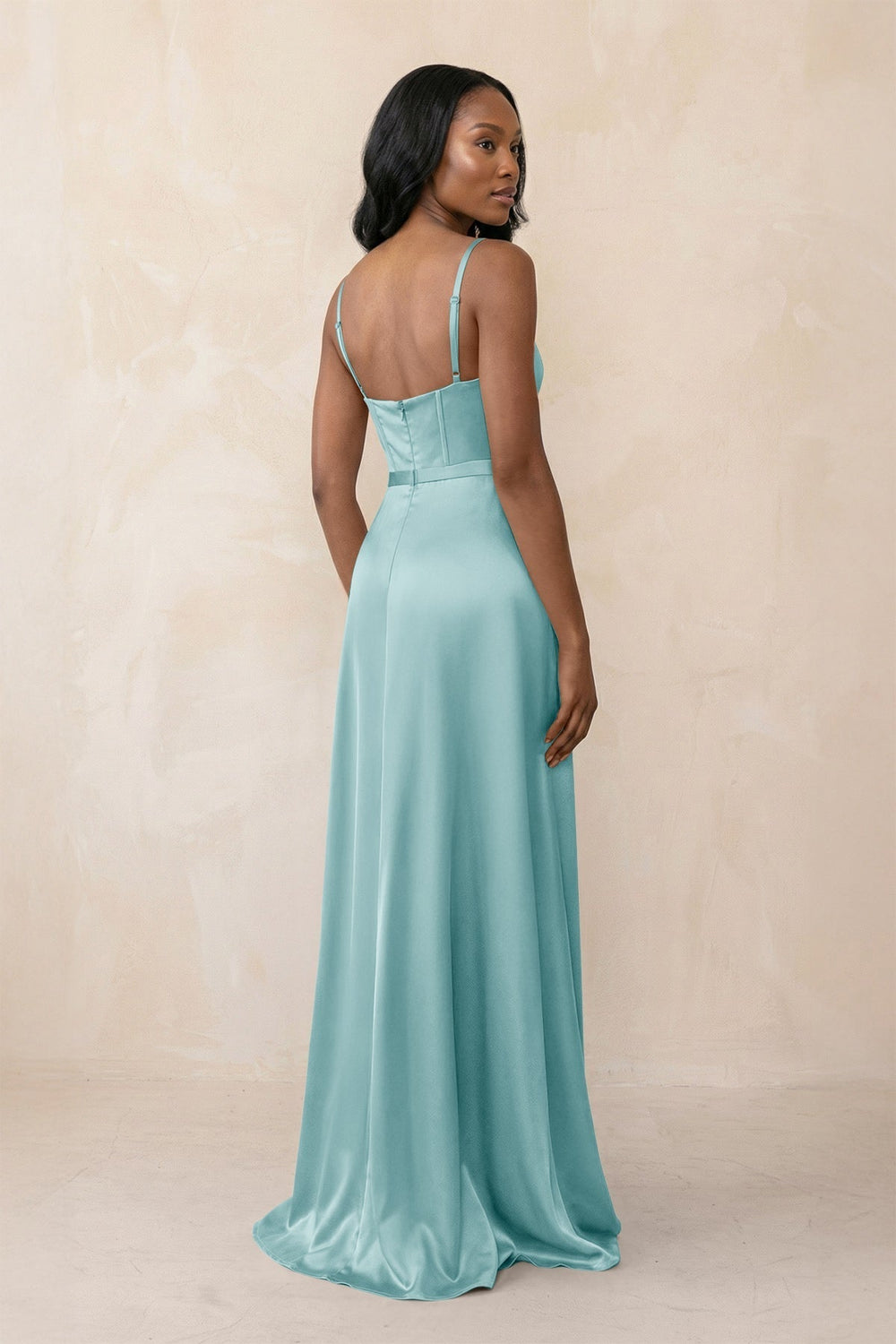 Cami Strap Corset Satin Sheath Bridesmaid Dress in Bleached Aqua