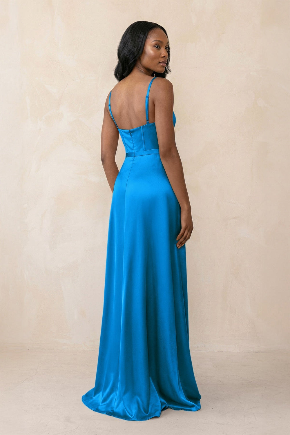 Cami Strap Corset Satin Sheath Bridesmaid Dress in Blue Jay