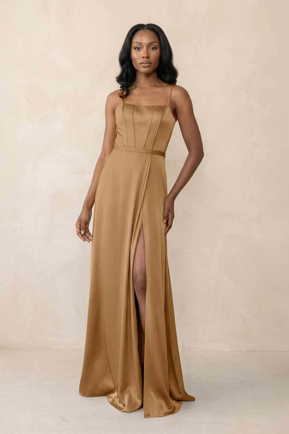 Cami Strap Corset Satin Sheath Bridesmaid Dress in Bronzer