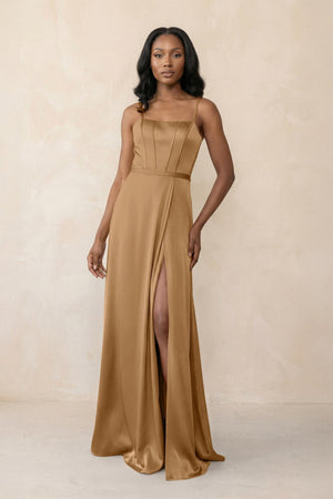 Cami Strap Corset Satin Sheath Bridesmaid Dress in Bronzer - KISS BRIDAL Bridesmaid Dresses