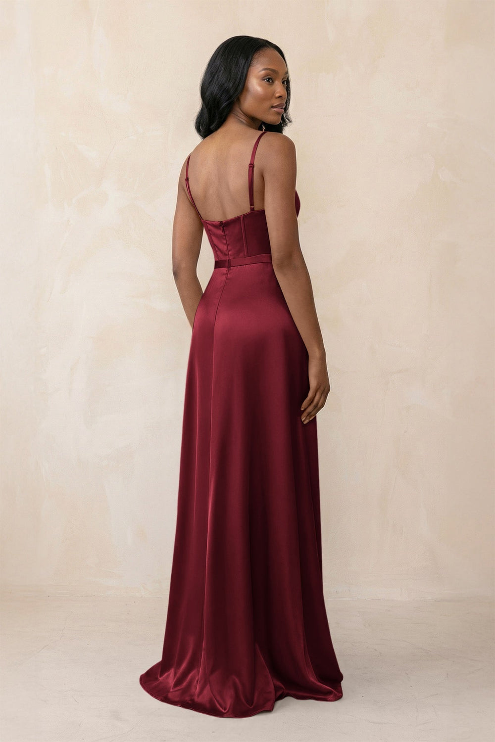 Cami Strap Corset Satin Sheath Bridesmaid Dress in Burgundy
