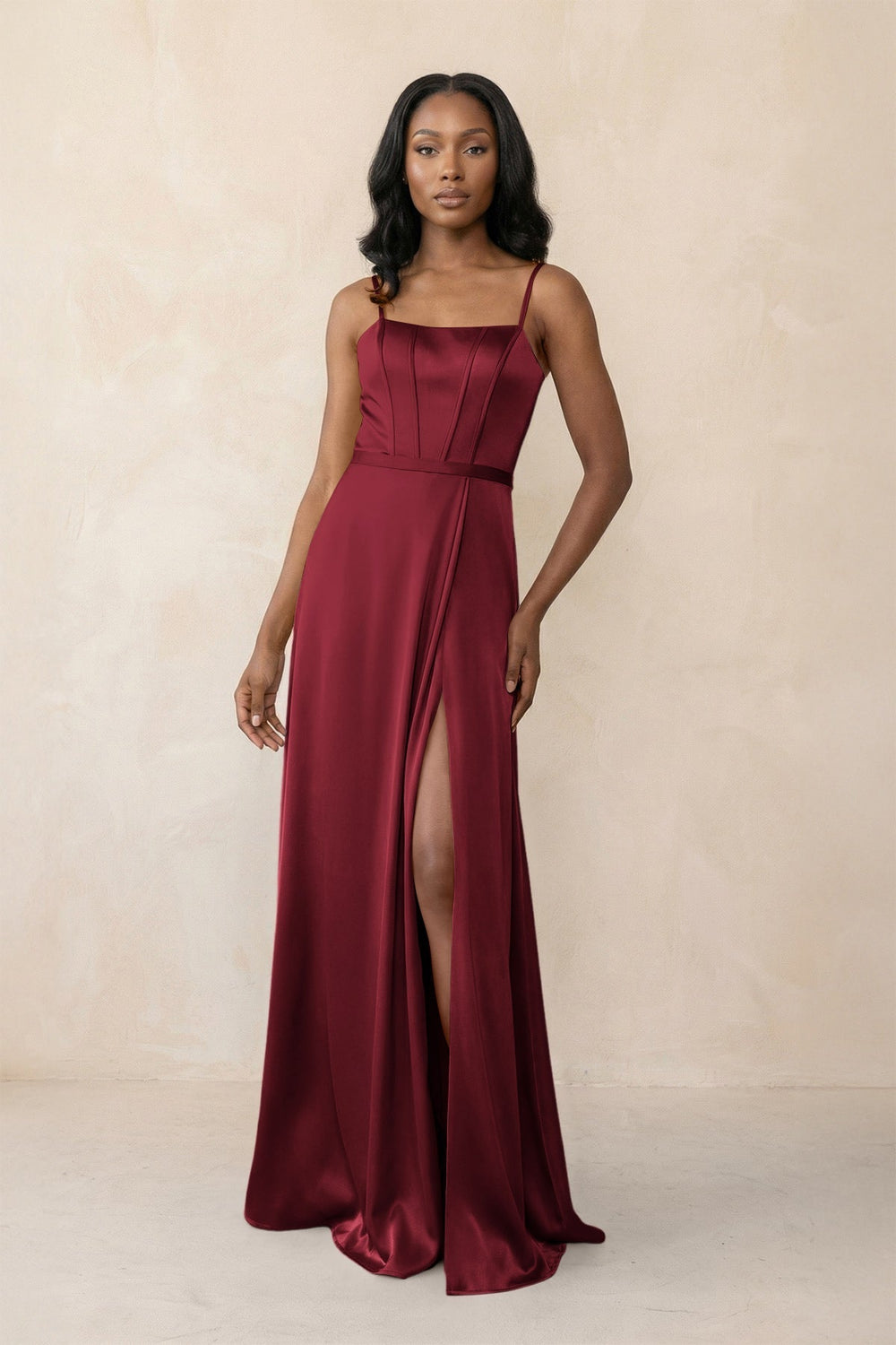 Cami Strap Corset Satin Sheath Bridesmaid Dress in Burgundy