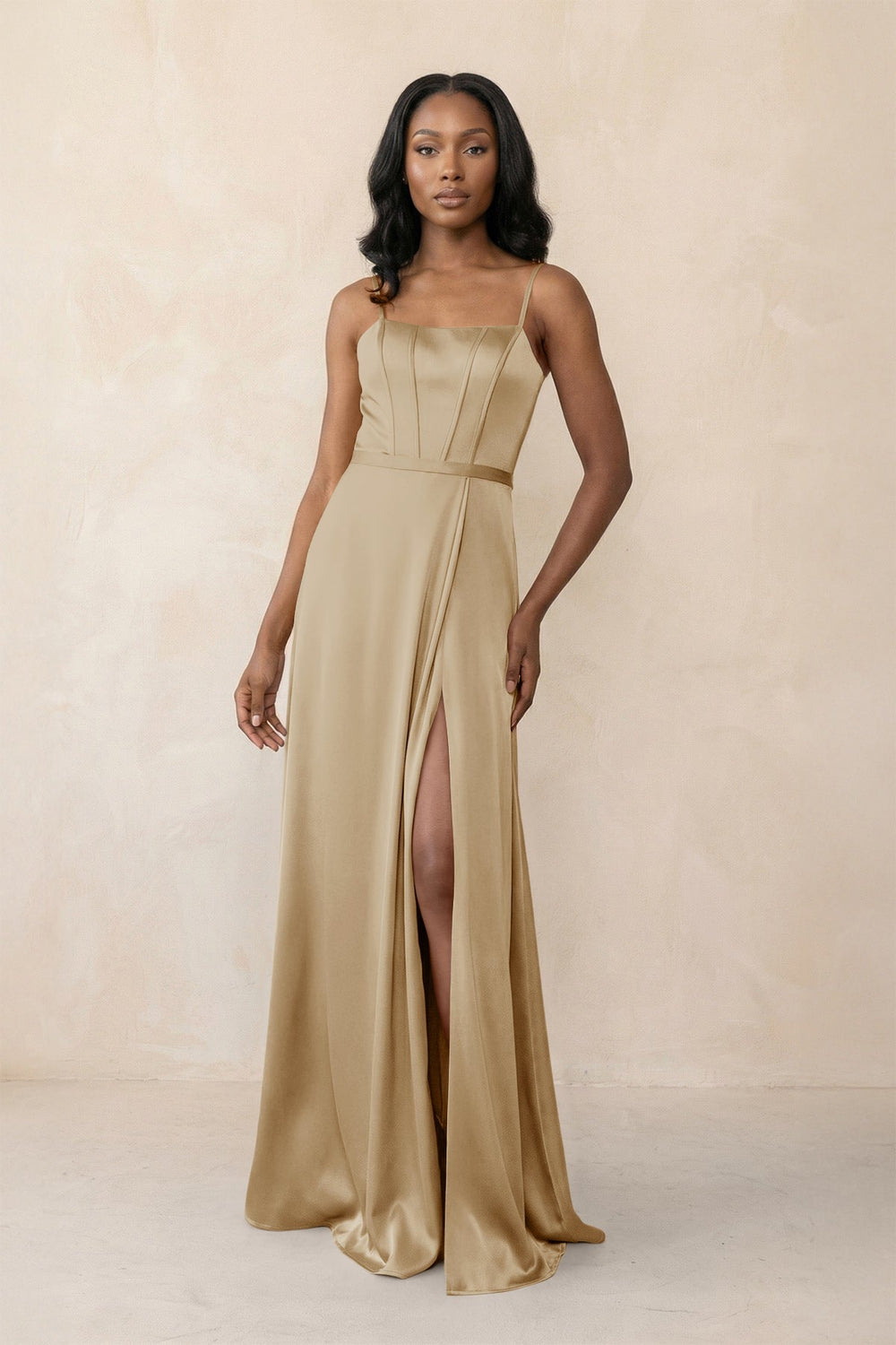 Cami Strap Corset Satin Sheath Bridesmaid Dress in Champagne