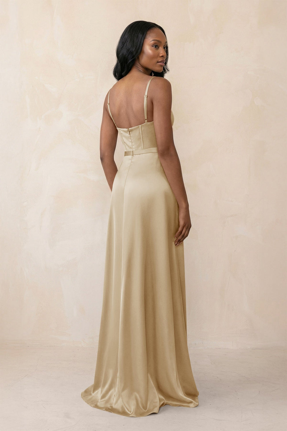 Cami Strap Corset Satin Sheath Bridesmaid Dress in Champagne