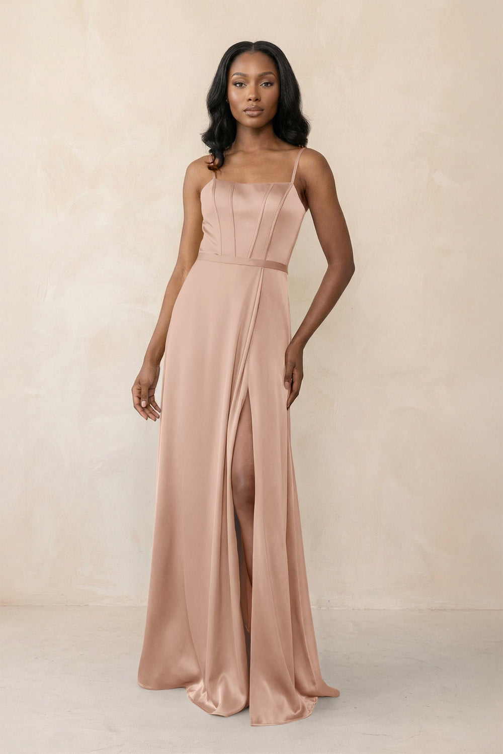 Cami Strap Corset Satin Sheath Bridesmaid Dress in Champagne Rose