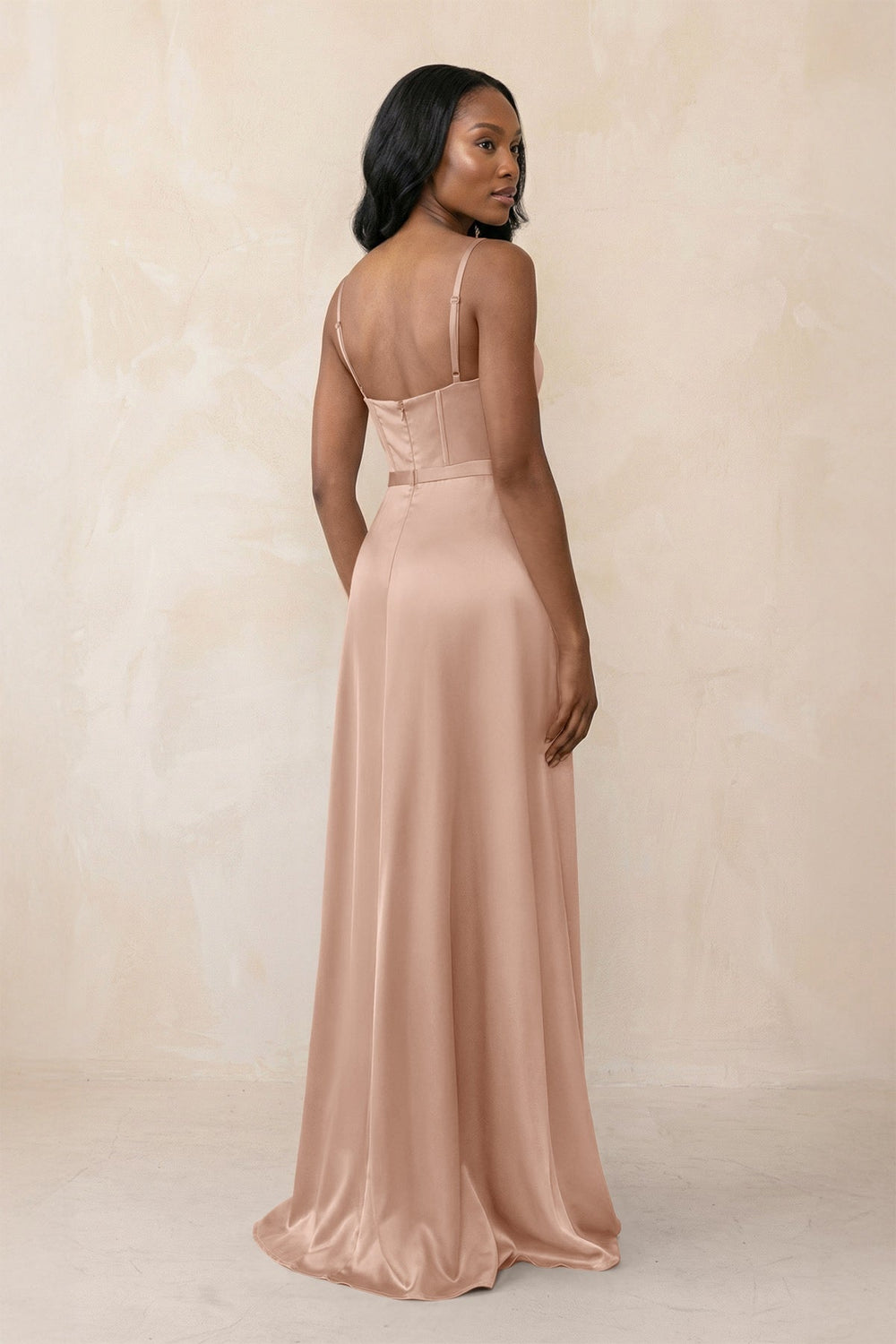 Cami Strap Corset Satin Sheath Bridesmaid Dress in Champagne Rose