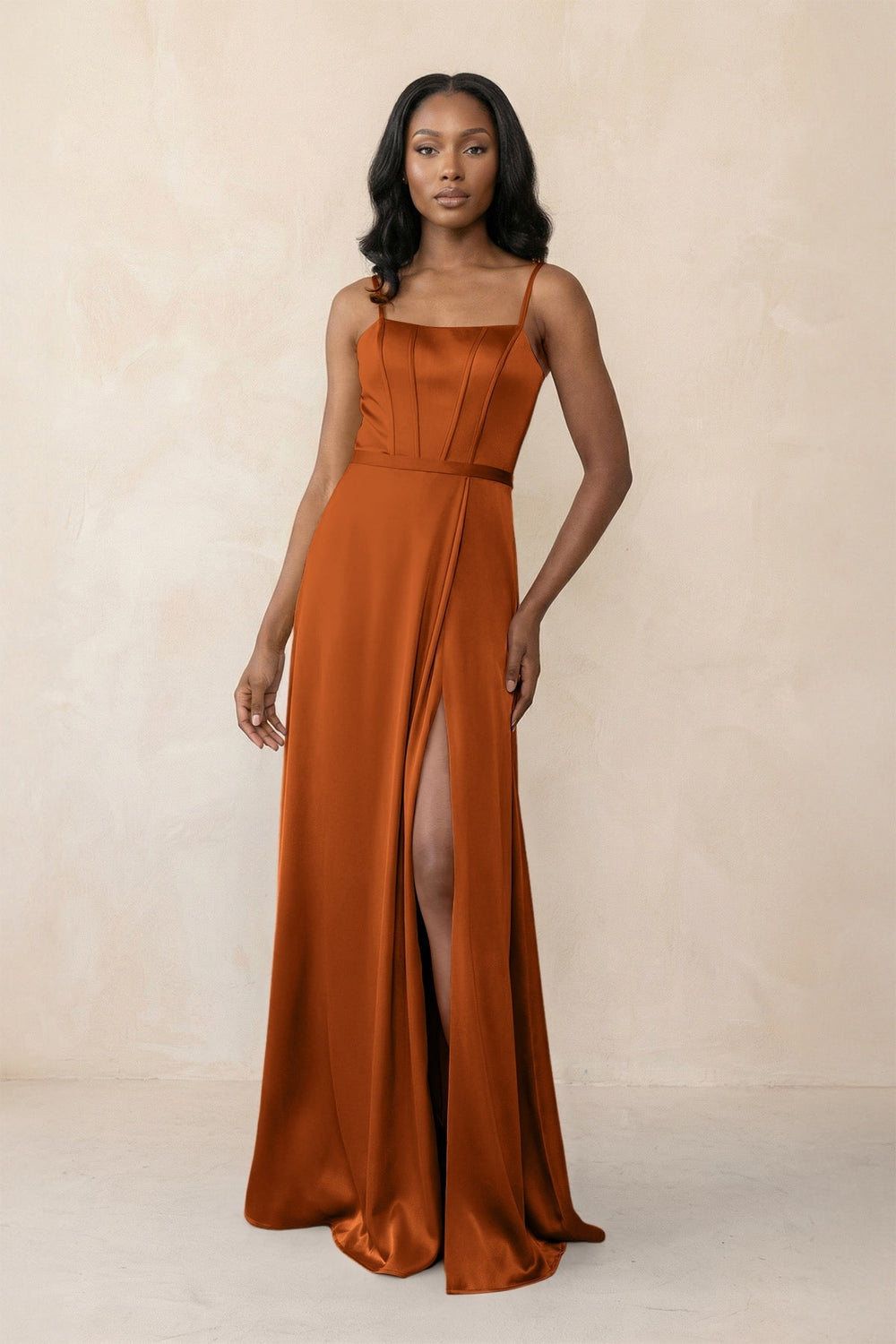 Cami Strap Corset Satin Sheath Bridesmaid Dress in Cinnamon