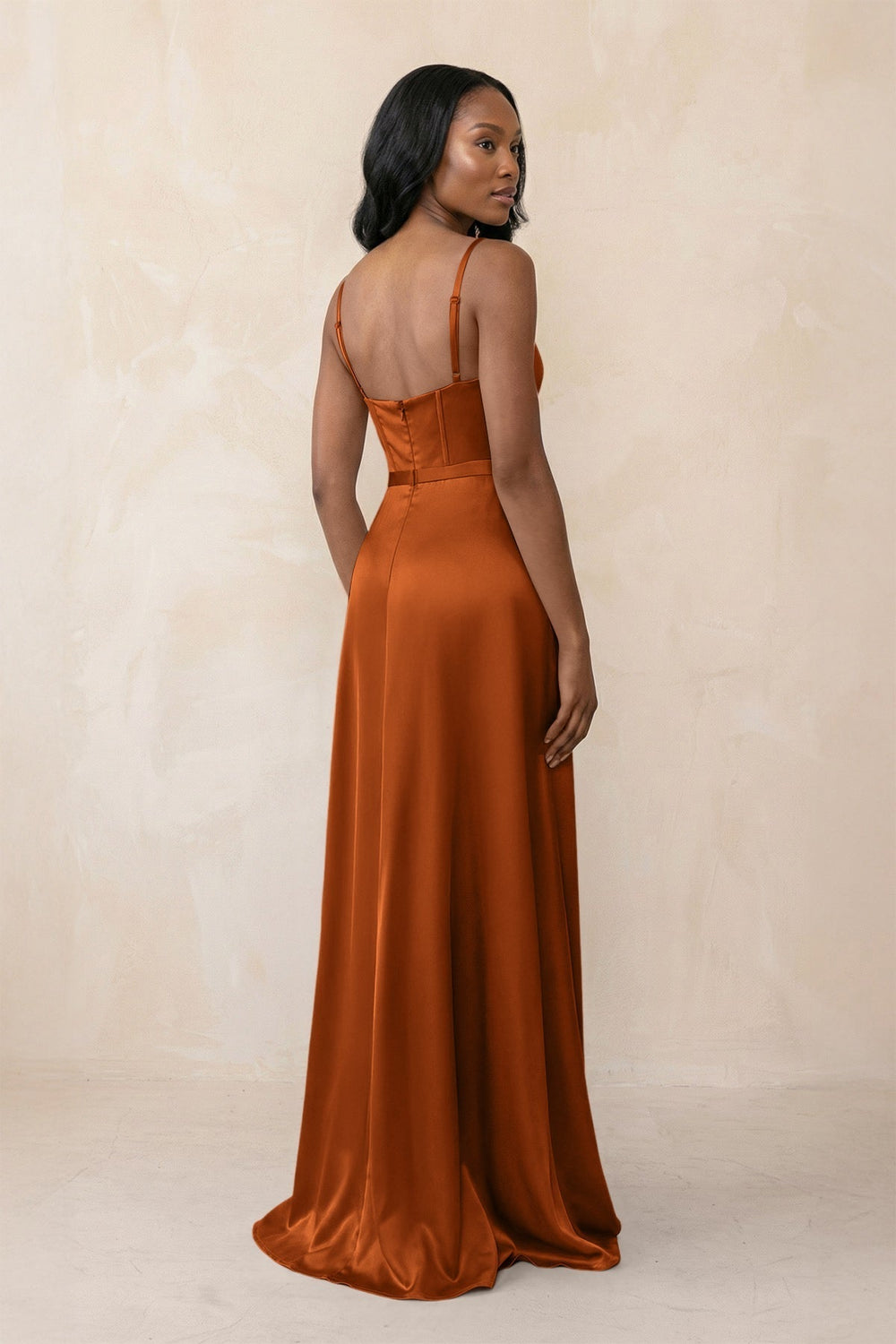 Cami Strap Corset Satin Sheath Bridesmaid Dress in Cinnamon