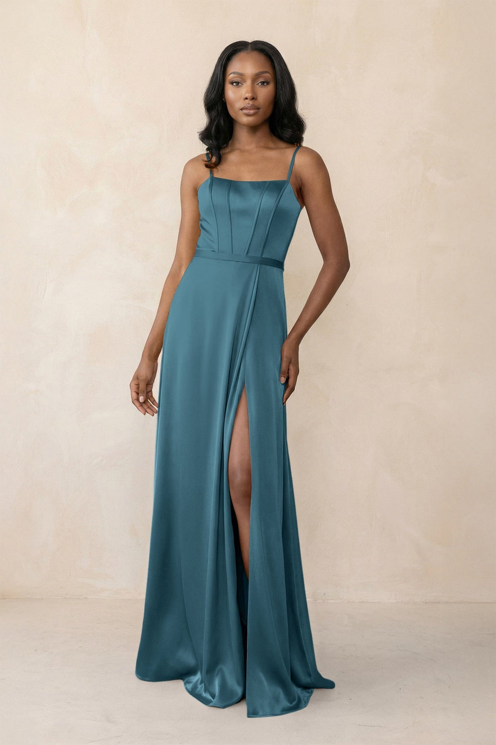 Cami Strap Corset Satin Sheath Bridesmaid Dress in Dark Teal