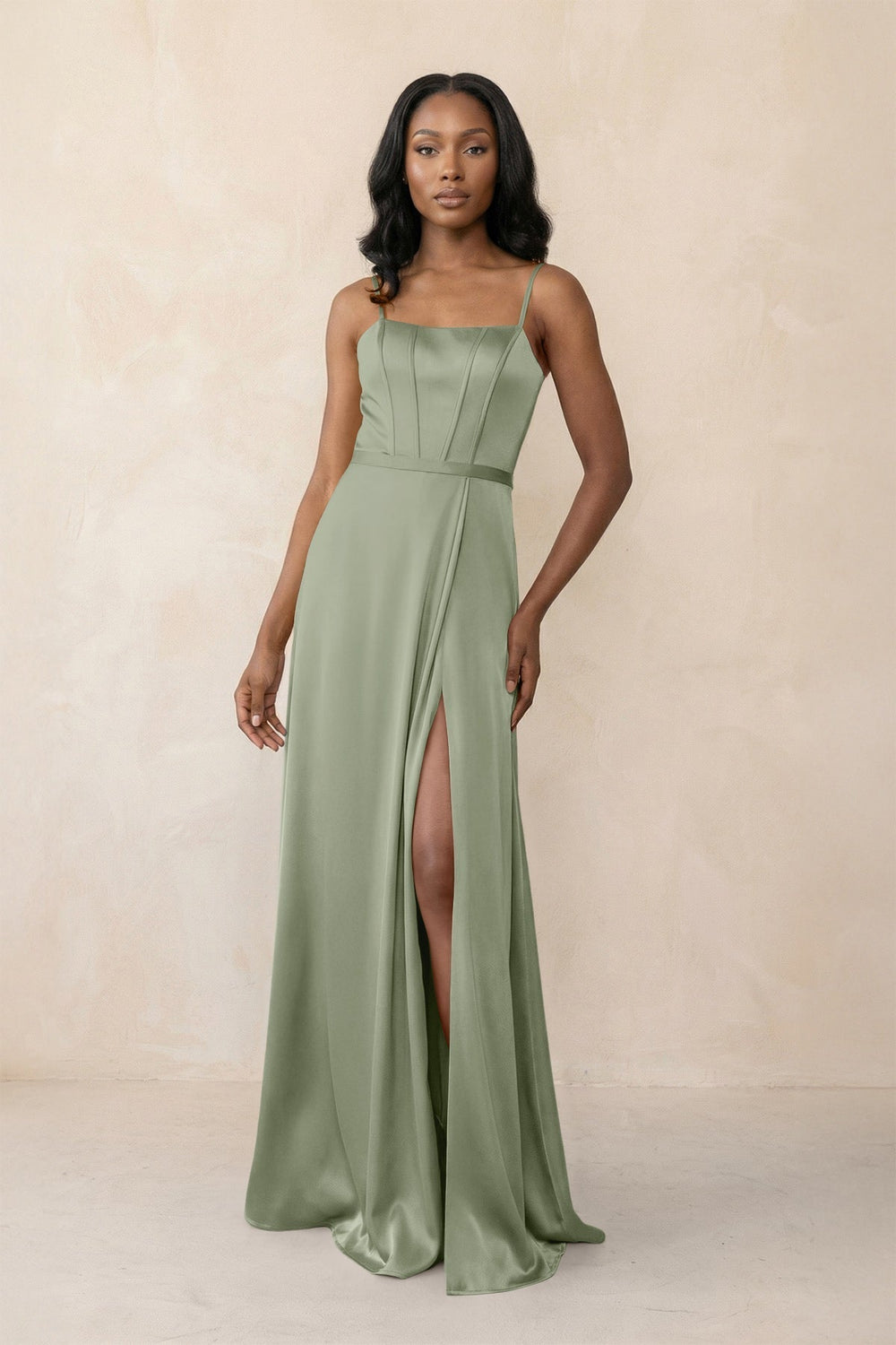 Cami Strap Corset Satin Sheath Bridesmaid Dress in Dove Gray
