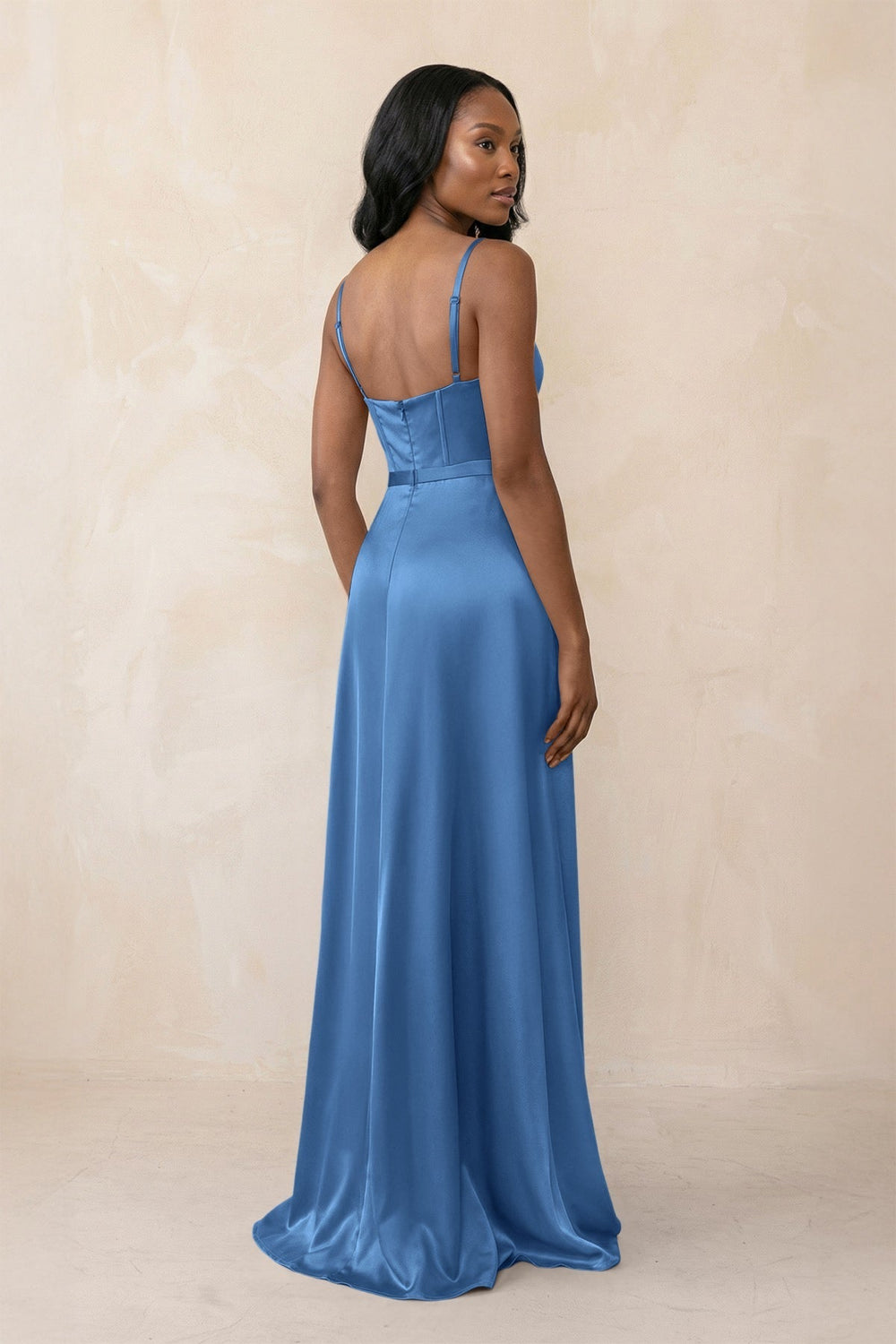 Cami Strap Corset Satin Sheath Bridesmaid Dress in Dusty Blue
