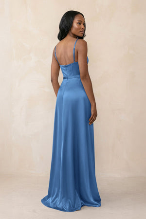 Cami Strap Corset Satin Sheath Bridesmaid Dress in Dusty Blue - KISS BRIDAL Bridesmaid Dresses
