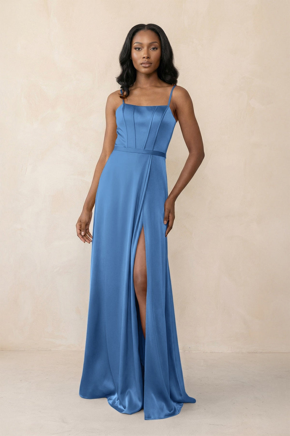Cami Strap Corset Satin Sheath Bridesmaid Dress in Dusty Blue