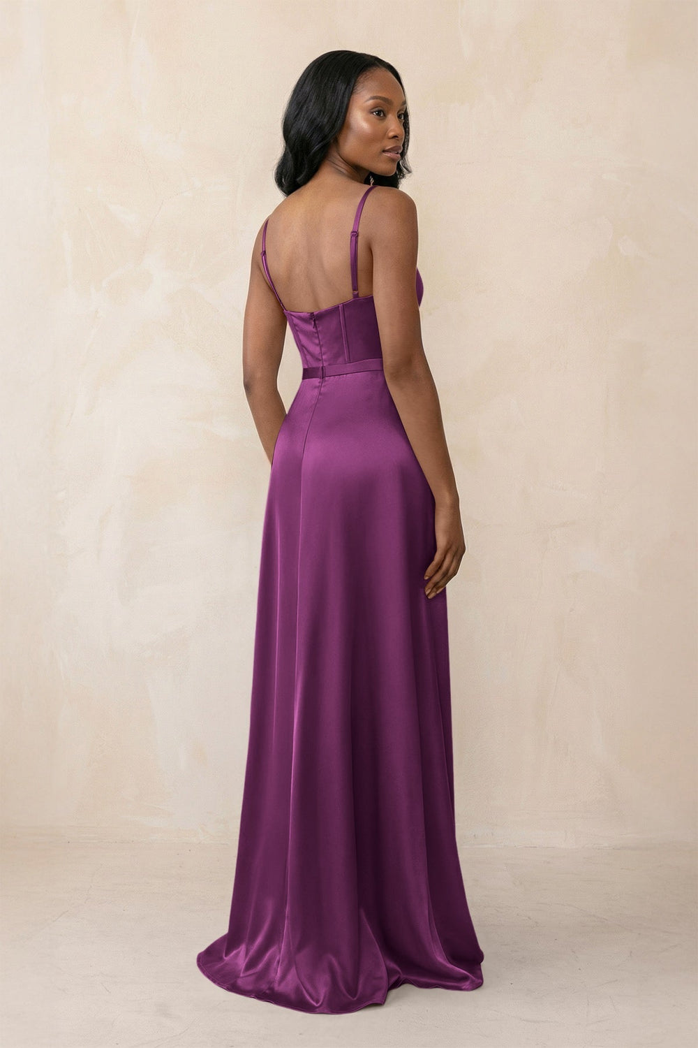 Cami Strap Corset Satin Sheath Bridesmaid Dress in Fig