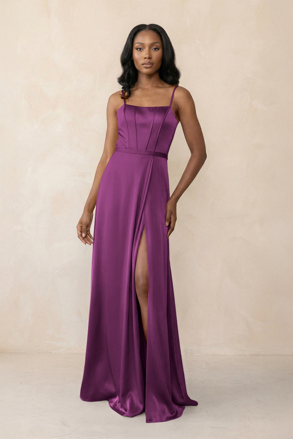 Cami Strap Corset Satin Sheath Bridesmaid Dress in Fig
