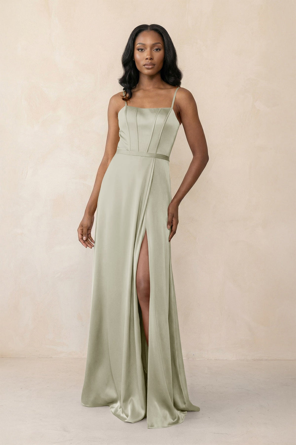 Cami Strap Corset Satin Sheath Bridesmaid Dress in Frost