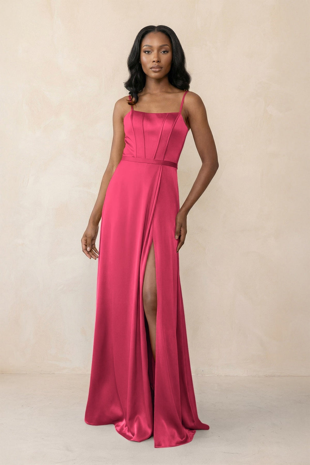 Cami Strap Corset Satin Sheath Bridesmaid Dress in Fuchsia