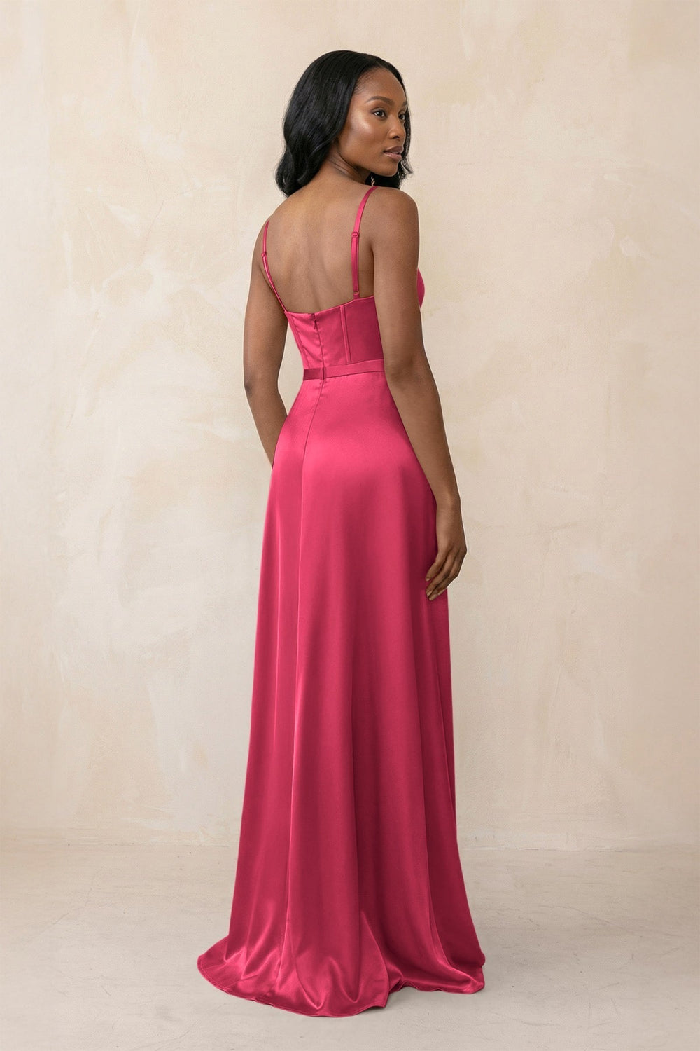 Cami Strap Corset Satin Sheath Bridesmaid Dress in Fuchsia