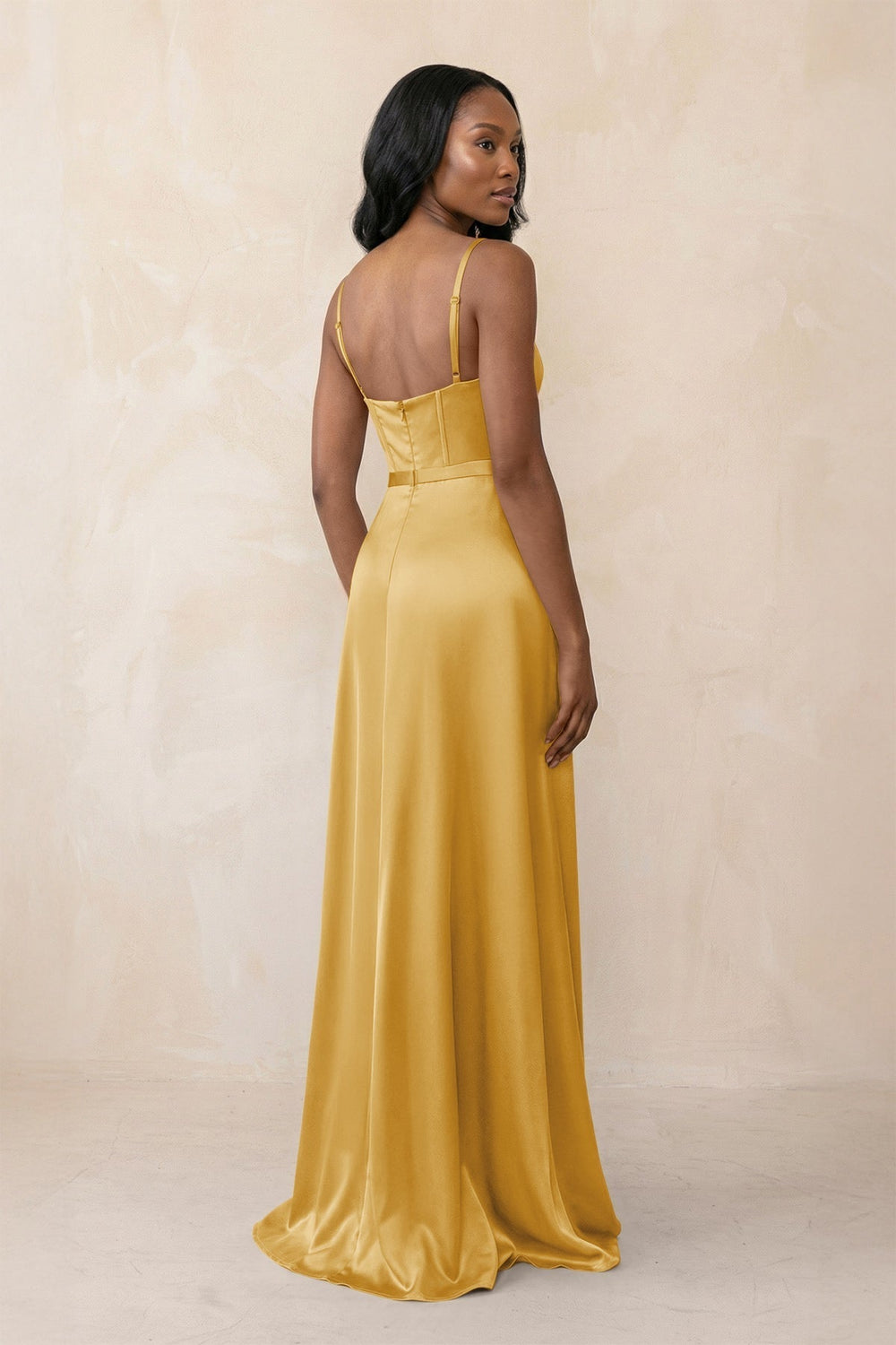 Cami Strap Corset Satin Sheath Bridesmaid Dress in Gold