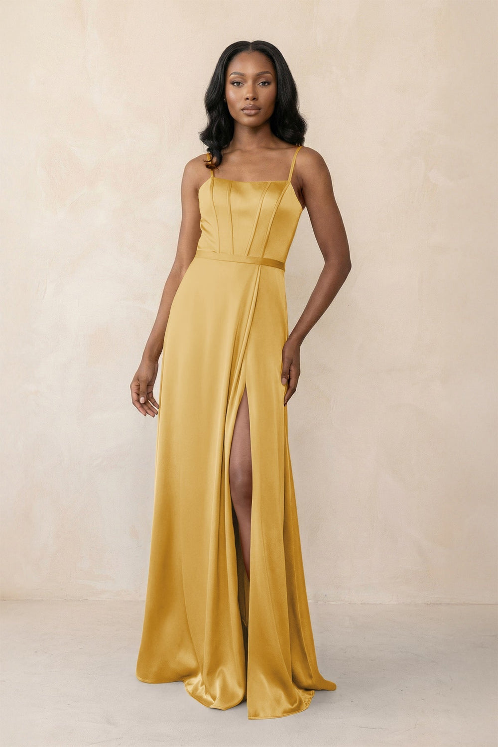 Cami Strap Corset Satin Sheath Bridesmaid Dress in Gold