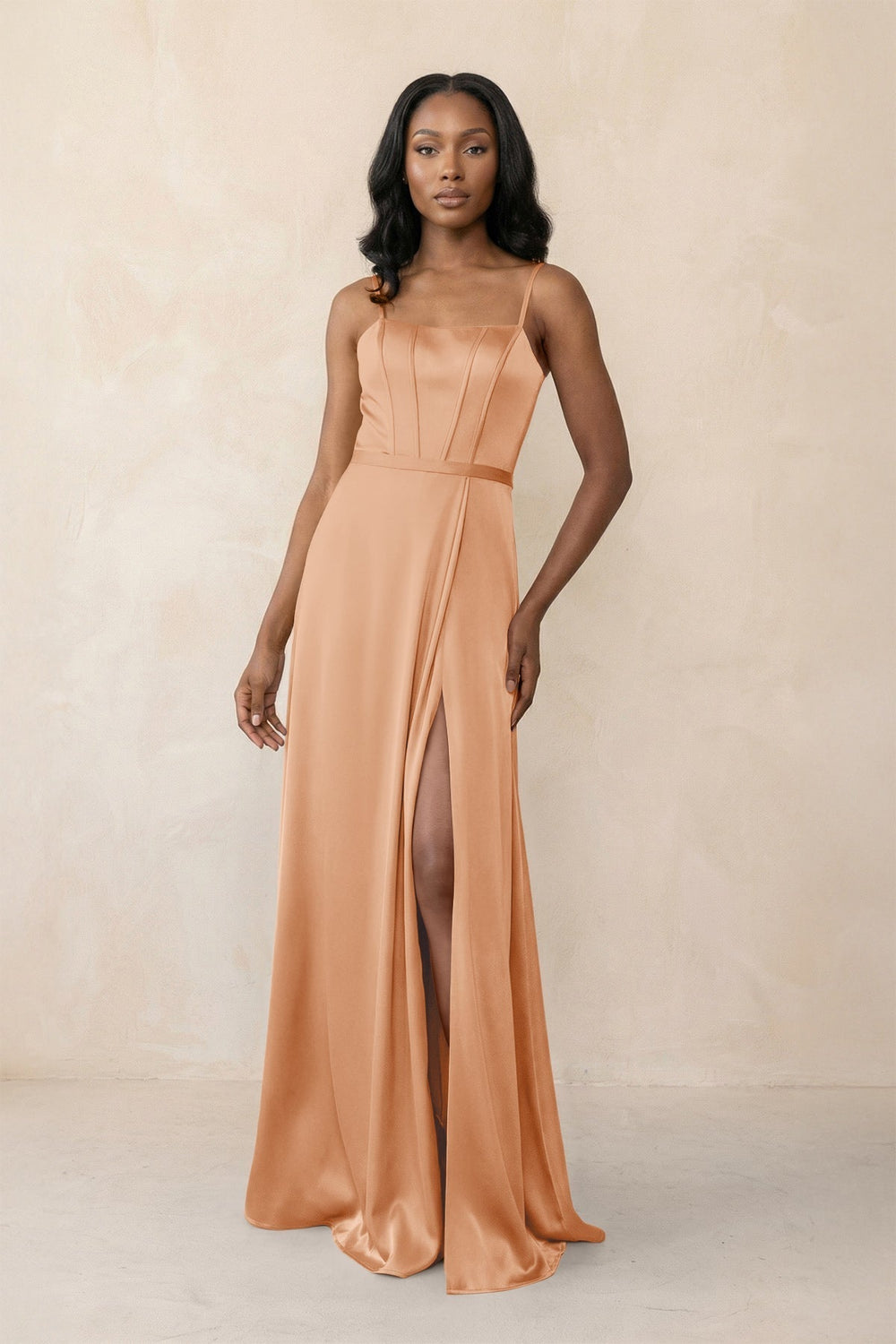 Cami Strap Corset Satin Sheath Bridesmaid Dress in Golden Champagne