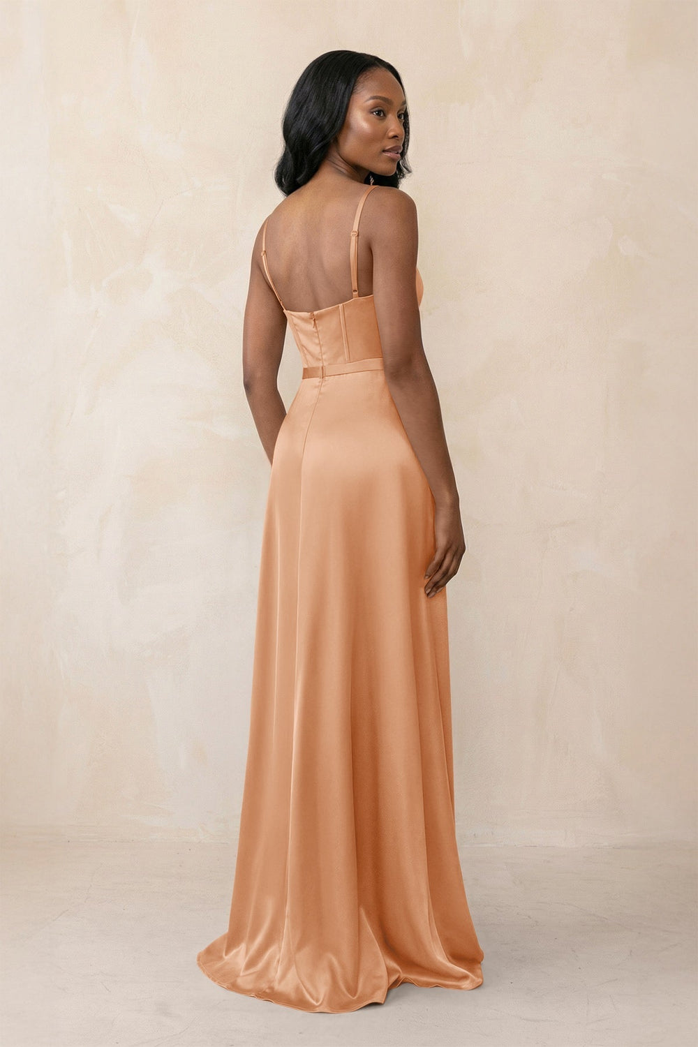 Cami Strap Corset Satin Sheath Bridesmaid Dress in Golden Champagne
