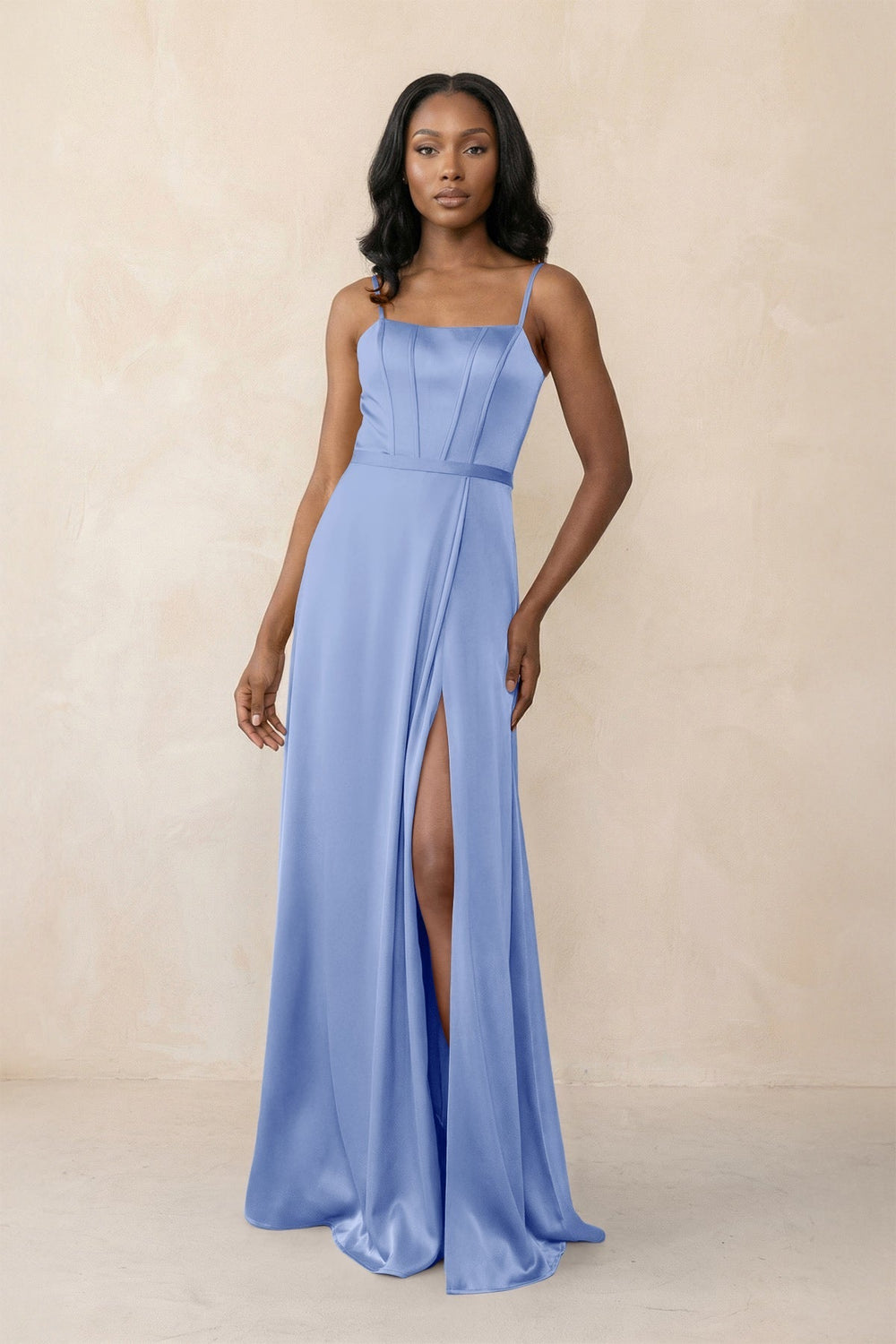 Cami Strap Corset Satin Sheath Bridesmaid Dress in Ice