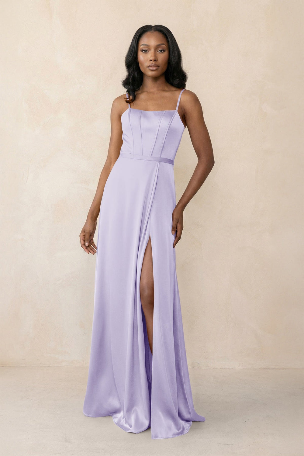 Cami Strap Corset Satin Sheath Bridesmaid Dress in Lavender