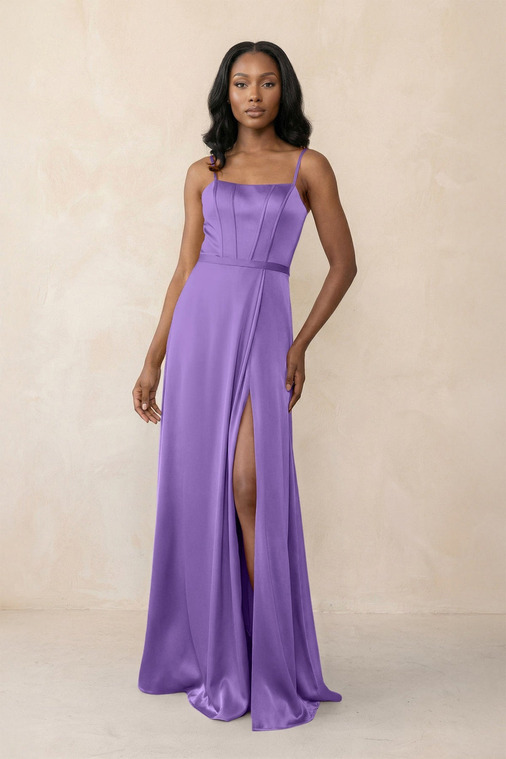 Cami Strap Corset Satin Sheath Bridesmaid Dress in Lilac