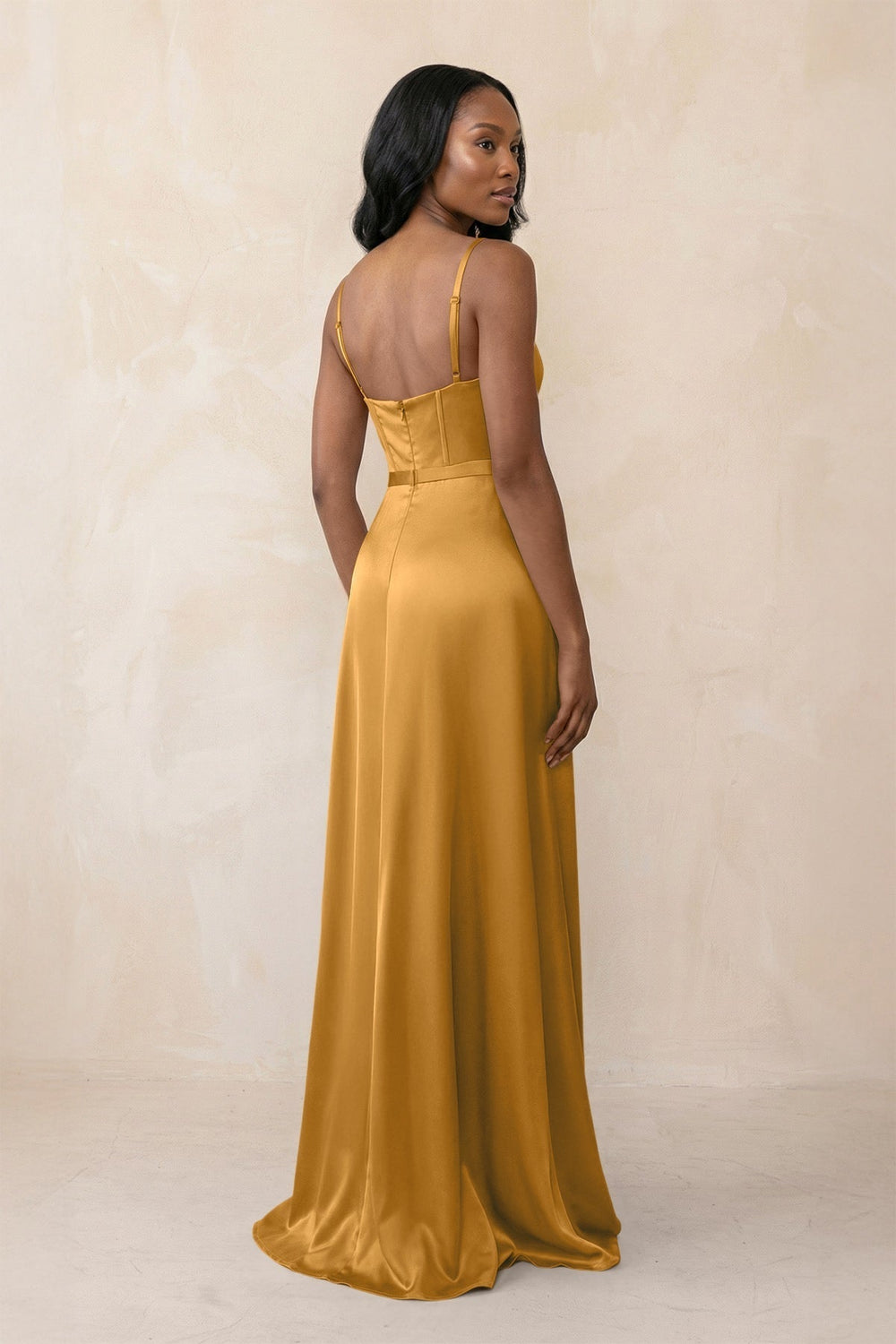 Cami Strap Corset Satin Sheath Bridesmaid Dress in Marigold