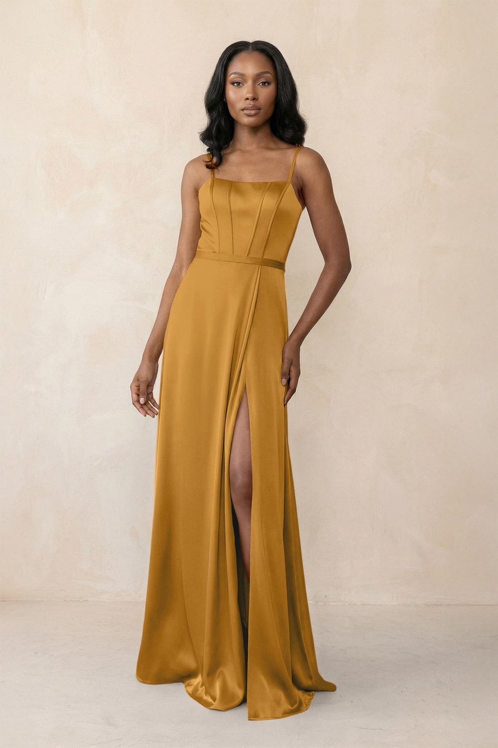 Cami Strap Corset Satin Sheath Bridesmaid Dress in Marigold