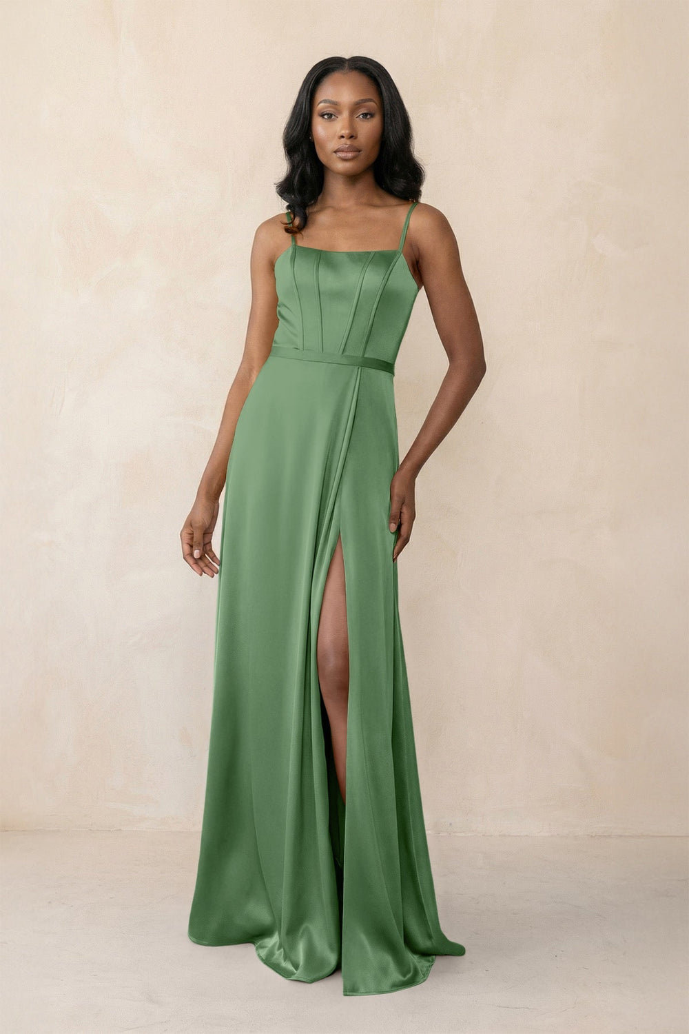 Cami Strap Corset Satin Sheath Bridesmaid Dress in Matcha
