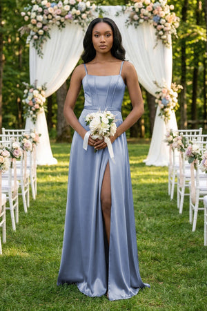 Cami Strap Corset Satin Sheath Bridesmaid Dress in Mist - KISS BRIDAL Bridesmaid Dresses