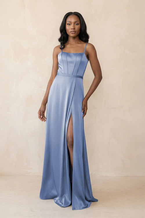 Cami Strap Corset Satin Sheath Bridesmaid Dress in Mist - KISS BRIDAL Bridesmaid Dresses