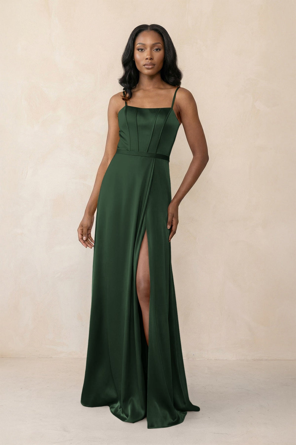 Cami Strap Corset Satin Sheath Bridesmaid Dress in Moss
