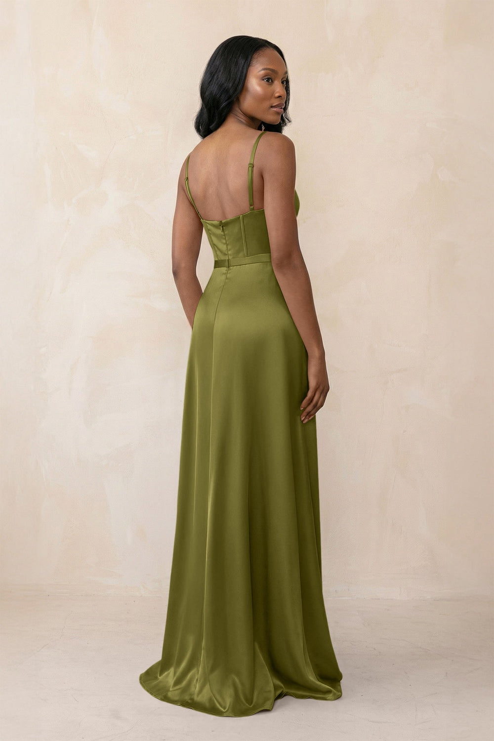 Cami Strap Corset Satin Sheath Bridesmaid Dress in Moss Green